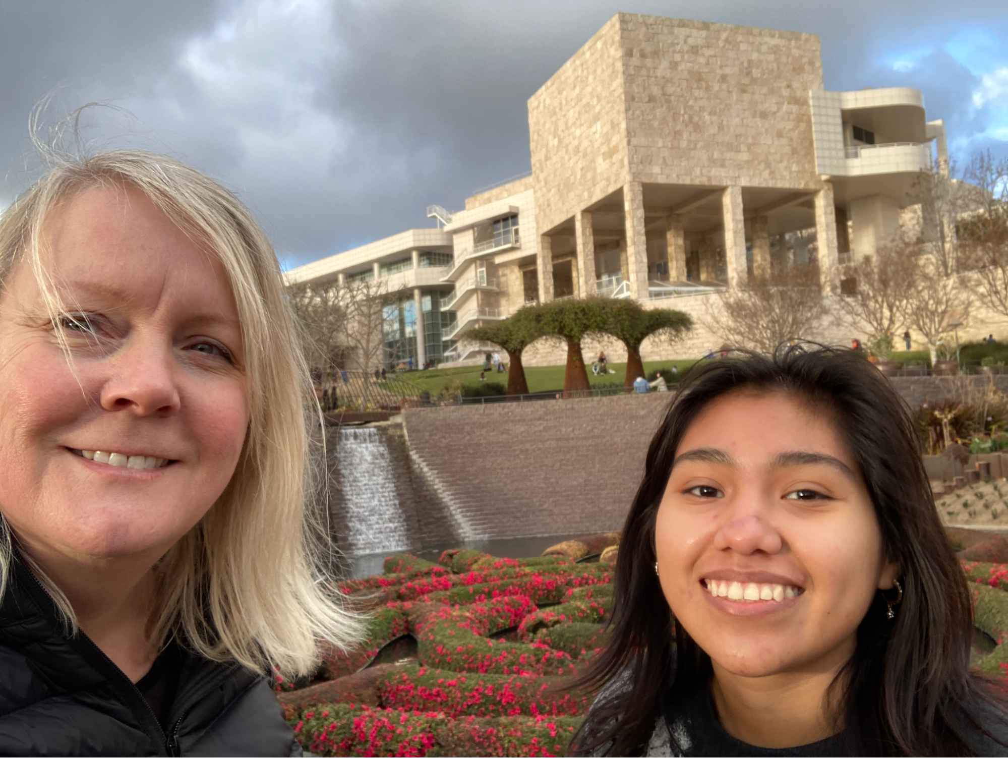 Smiling woman and teen at Getty Museum